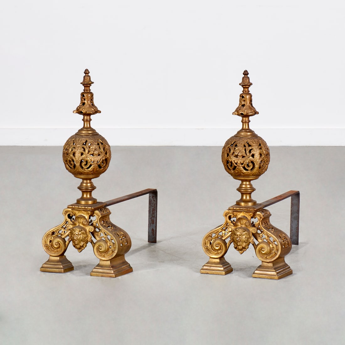 Pair Baroque style reticulated brass andirons (1 of 5)