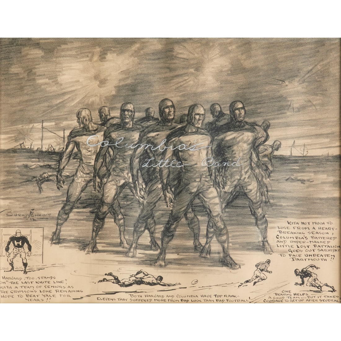Burris Jenkins Jr., Ivy League football drawing: Burris Jenkins Jr., Ivy League football drawing, Burris Jenkins, Jr. (American, 1896-1966), mixed media illustration of Columbia University's "Little Lost Battalion", signed and dated left side, with