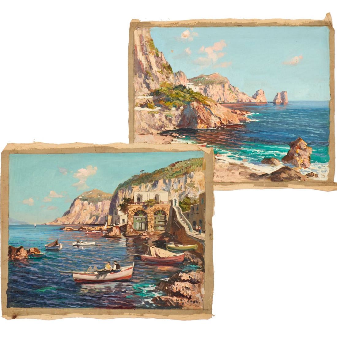 Gustave Lino, (2) oils on canvas: Gustave Lino, (2) oils on canvas, Gustave Lino (French, 1893-1961), Capri Coast, each signed lower left, unstretched canvas, 15.5"h x 19.5"w (image), approx. 17"h x 21"w (canvas)