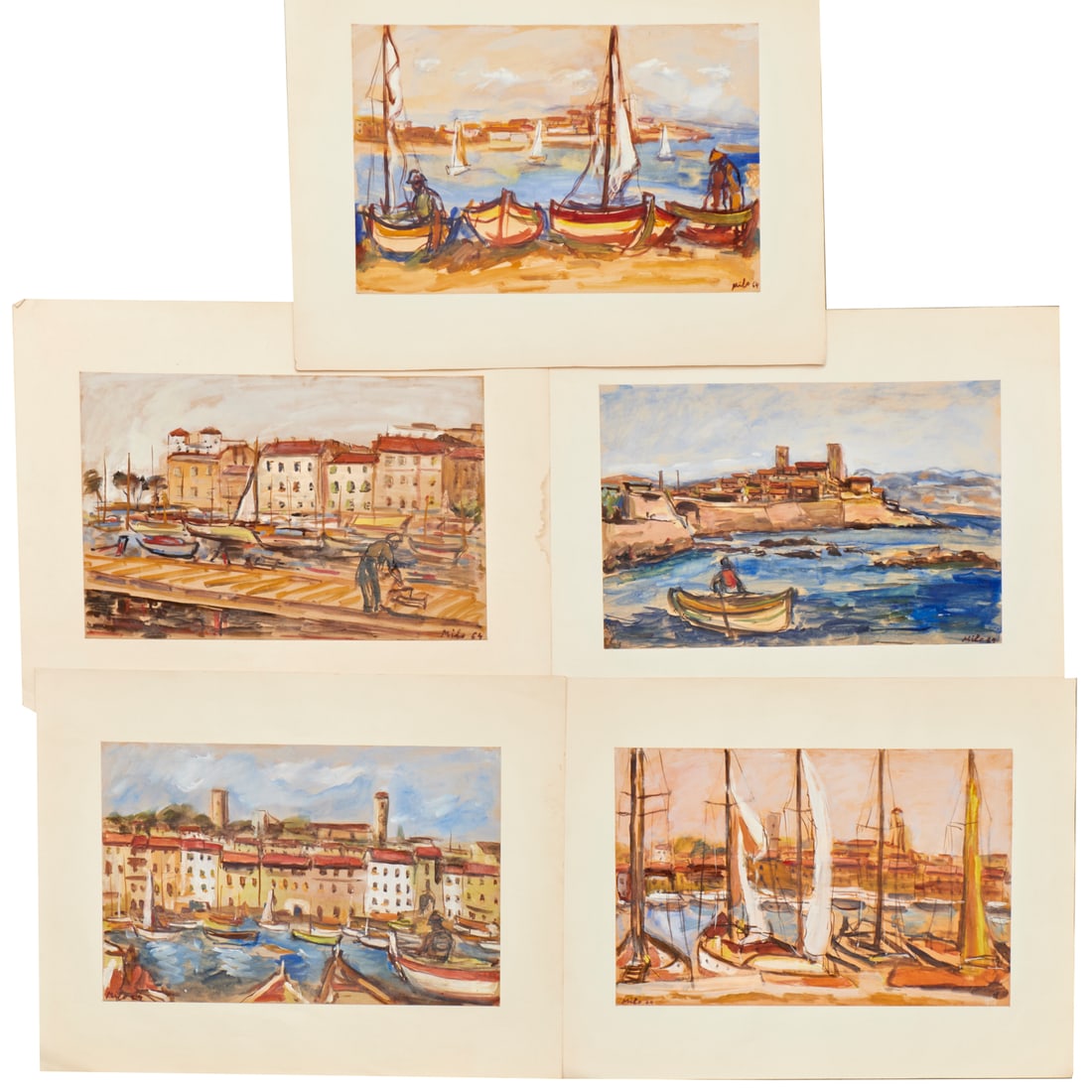 Impressionist School, (5) mixed media on paper: Impressionist School, (5) mixed media on paper, Impressionist School (20th c.), Views of Mediterranean Harbor, each signed "Milo 64", mounted on paper backing, loose and unframed, 12.5"h x 19.5"w (ima