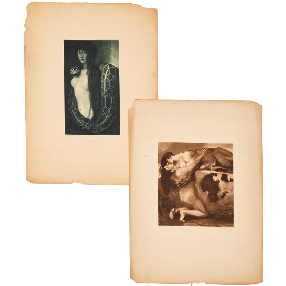 Franz von Stuck, (2) gravure prints, c. 1895: Franz von Stuck, (2) gravure prints, c. 1895, Franz von Stuck (German, 1863-1928), "Die Sphinx", loose and unframed, 9"h x 8"w (image), 11.5"h x 9.75"w (plate mark), and "Die Sunde", 10"h x 6"w (image