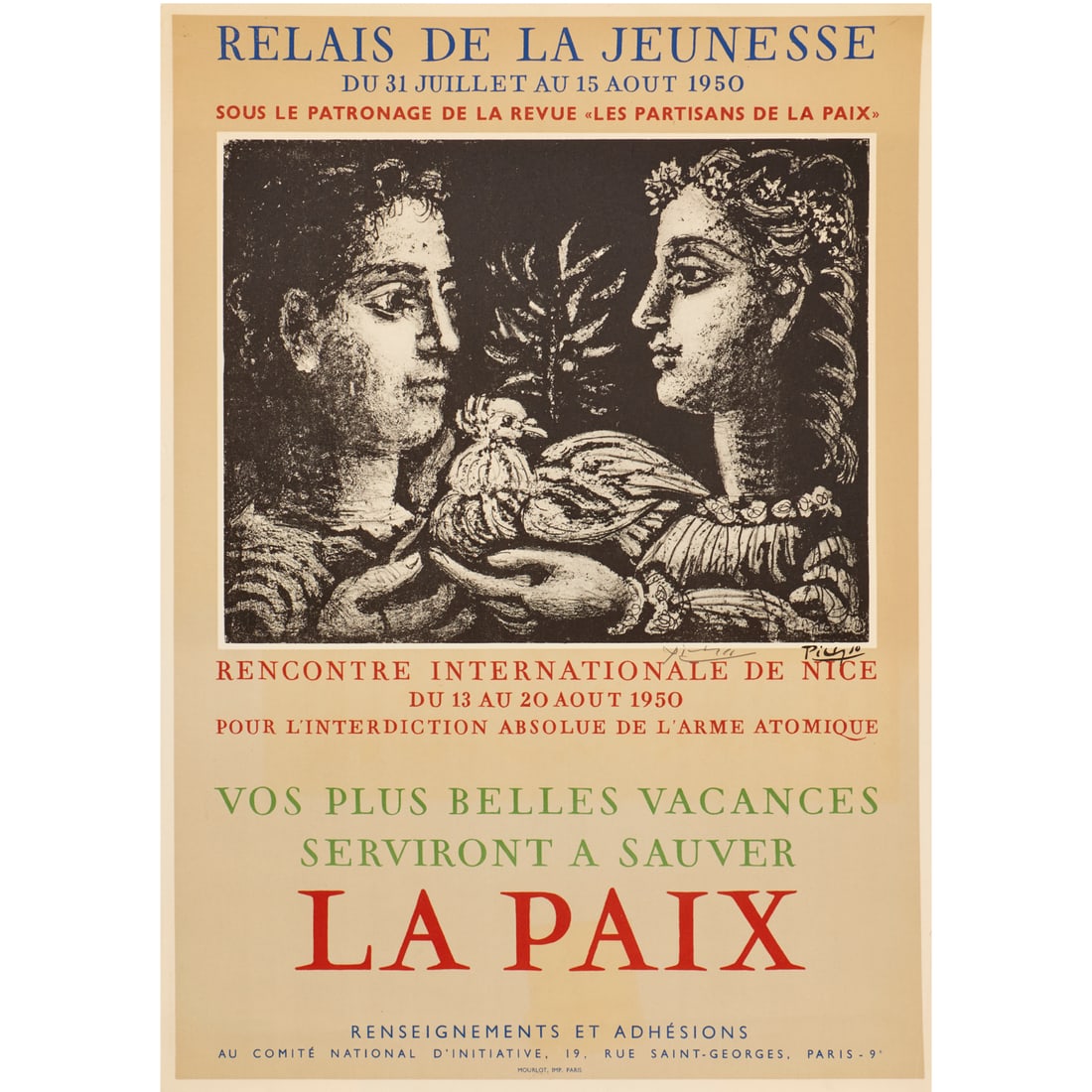 Pablo Picasso, exhibition poster, signed: Pablo Picasso, exhibition poster, signed, After Pablo Picasso (Spanish, 1881-1973), "Relais de la Jeunesse", 1950, pencil signed "Picasso" next to his printed signature, printed by Mourlot, loose and