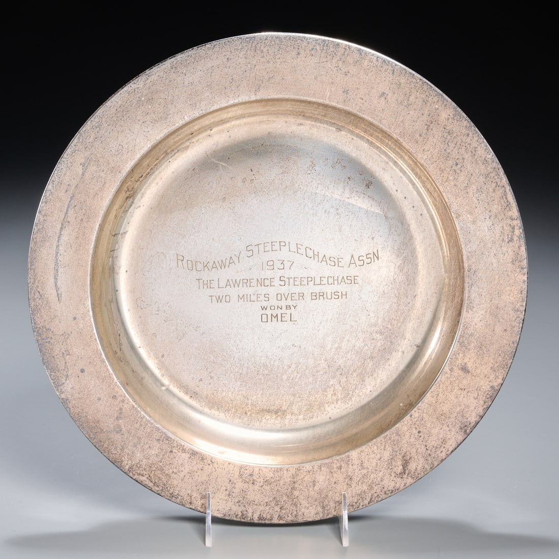 Large sterling horse racing trophy platter: Large sterling horse racing trophy platter, Rockaway Steeplechase Assn. 1937, John Coburn Boston Reproduction, marked "Sterling", 13"dia, approx. 26.5ozt (total)
