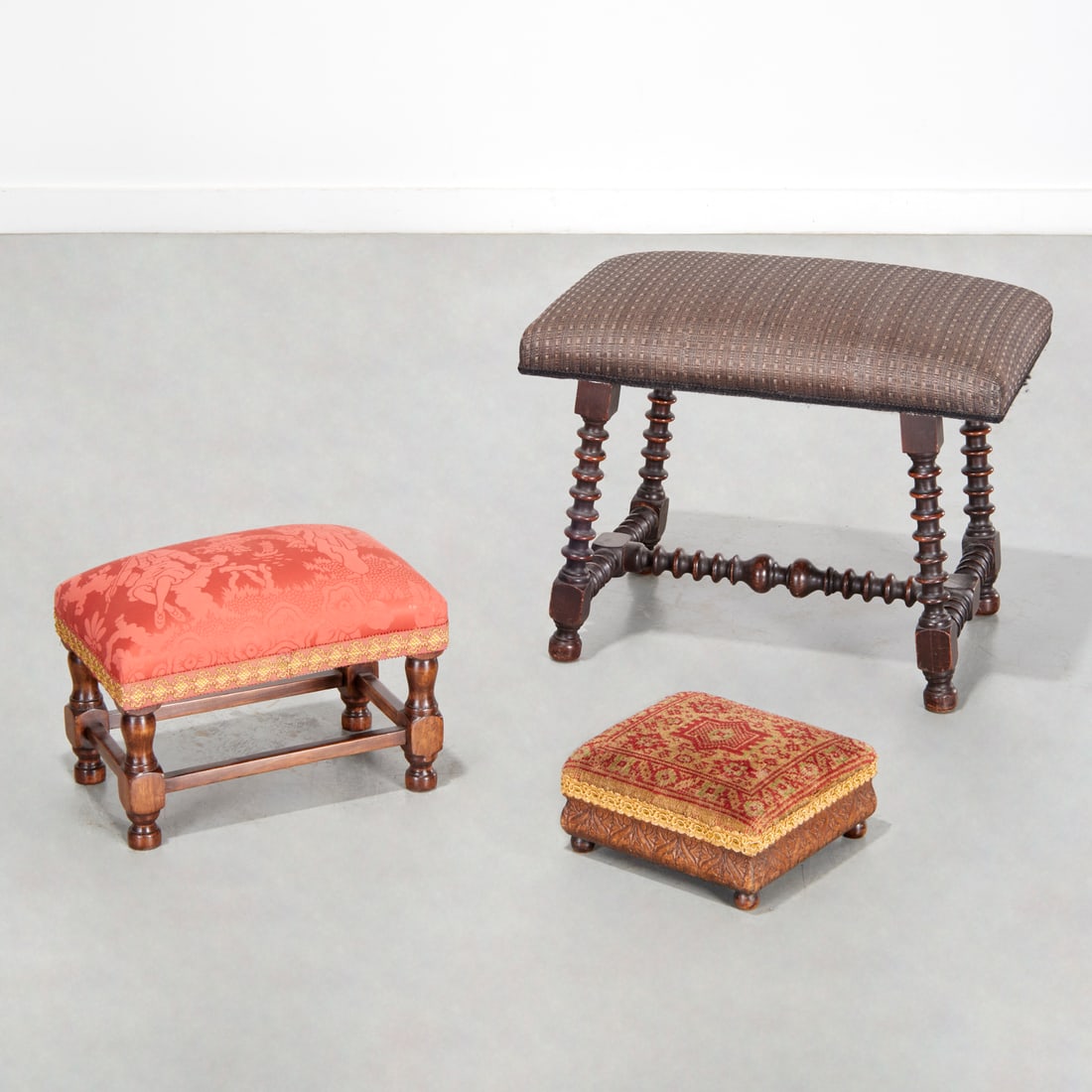 (3) Antique upholstered wood stools (1 of 6)