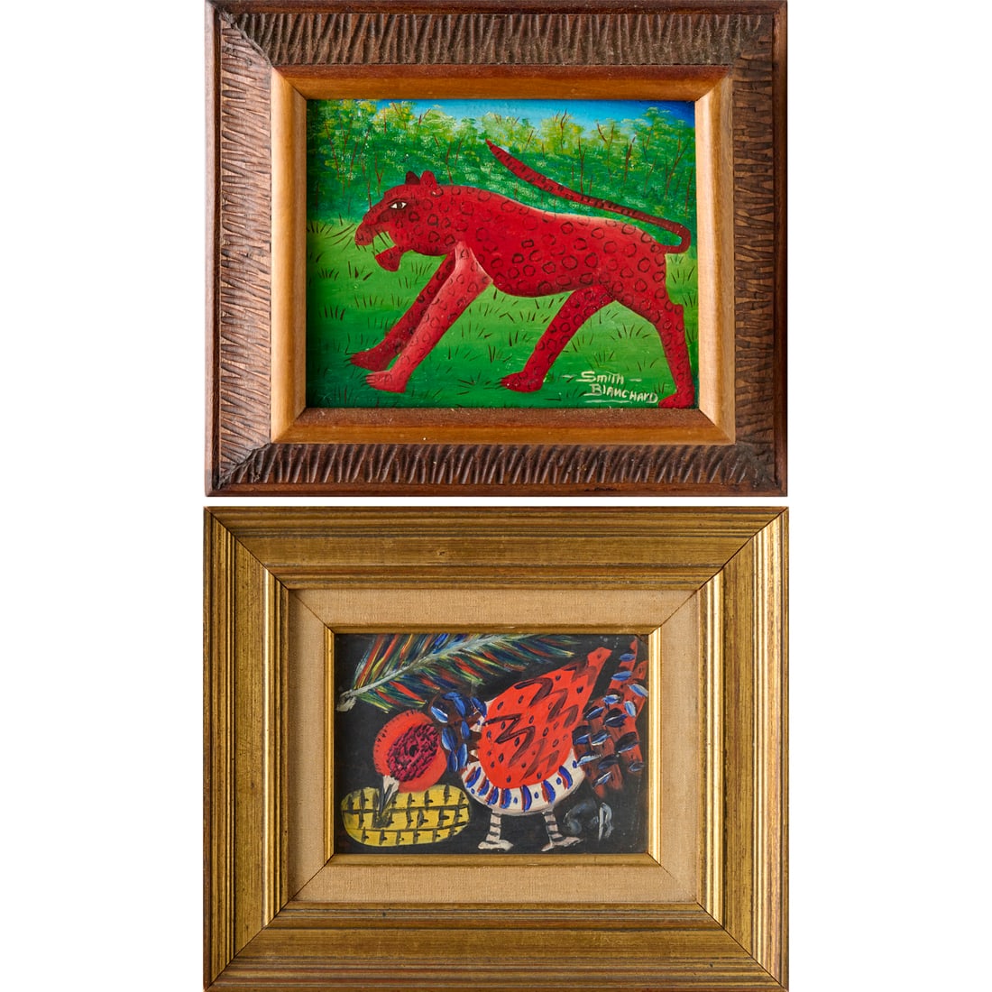 Smith Blanchard, (2) oils on Masonite: Smith Blanchard, (2) oils on Masonite, Smith Blanchard (Haitian, b. 1952), A Leopard, signed "Smith Blanchard" lower right, 7.5"h x 9.5"w (sight), 12.5"h x 14.5"w (frame), with, A Bird Eating Corn,