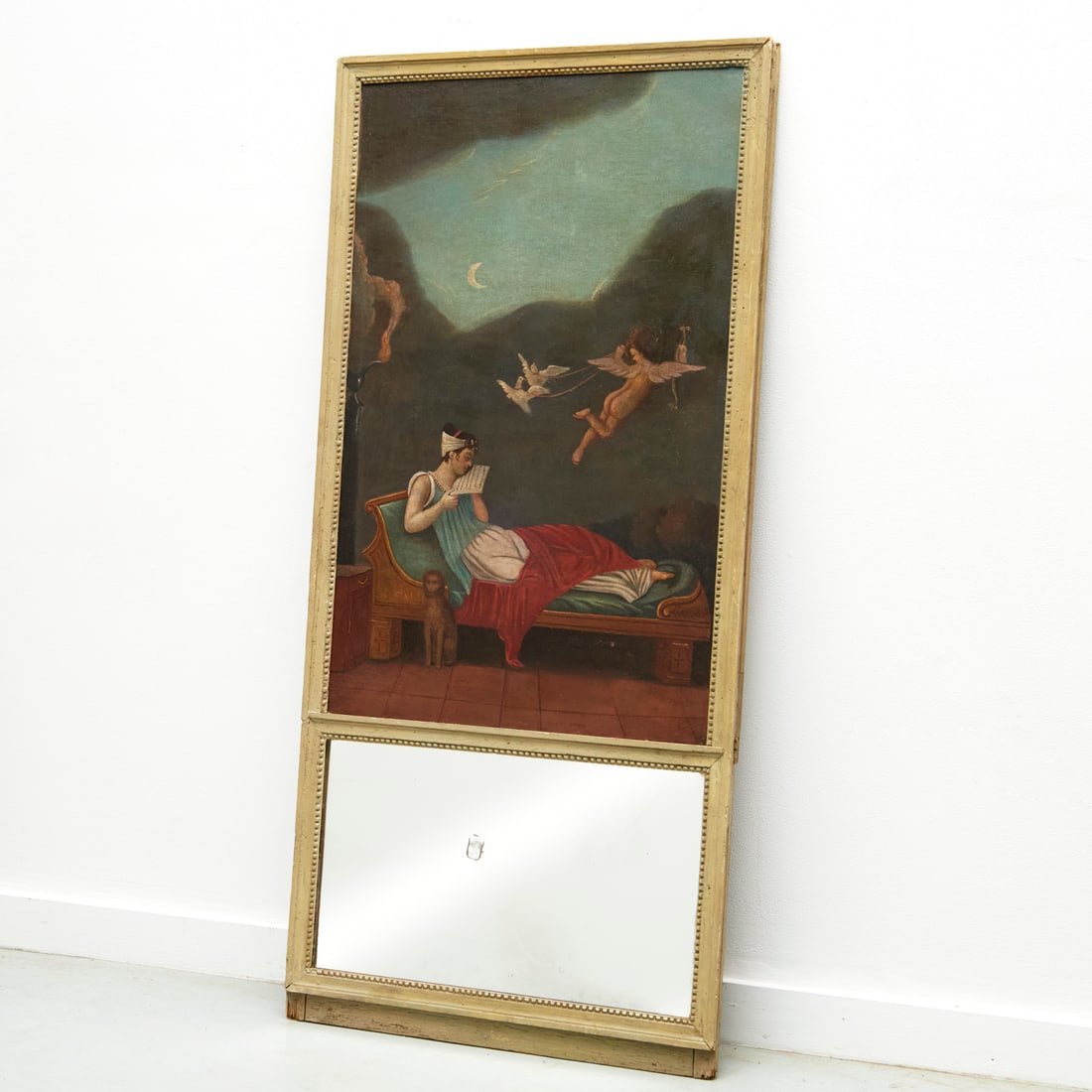 Jean Baptiste Mallett (after), trumeau mirror: Jean Baptiste Mallett (after), trumeau mirror, After Jean Baptiste Mallett (French, 1759-1835), "Cupid Delivers a Love Letter", oil on canvas, unsigned, above small rectangular mirror, in painted fram