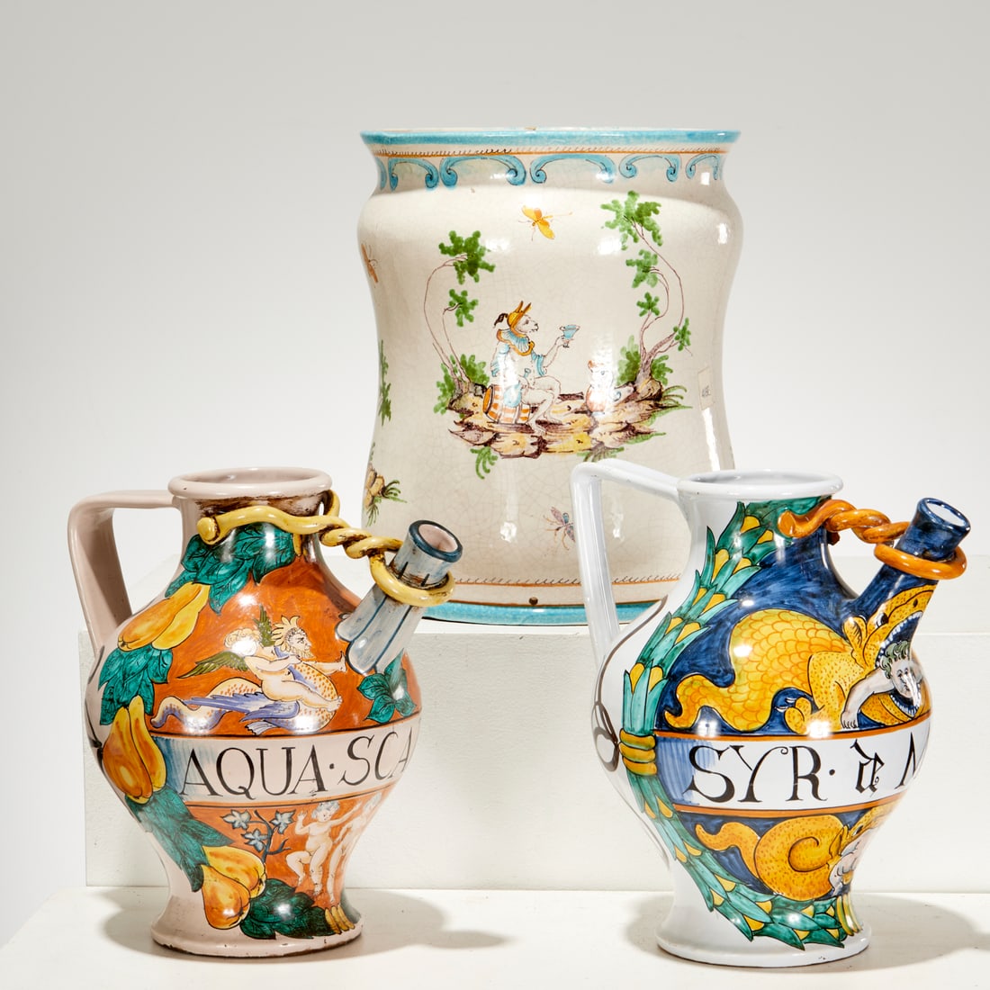 Majolica apothecary ewers and a large albarello (1 of 7)