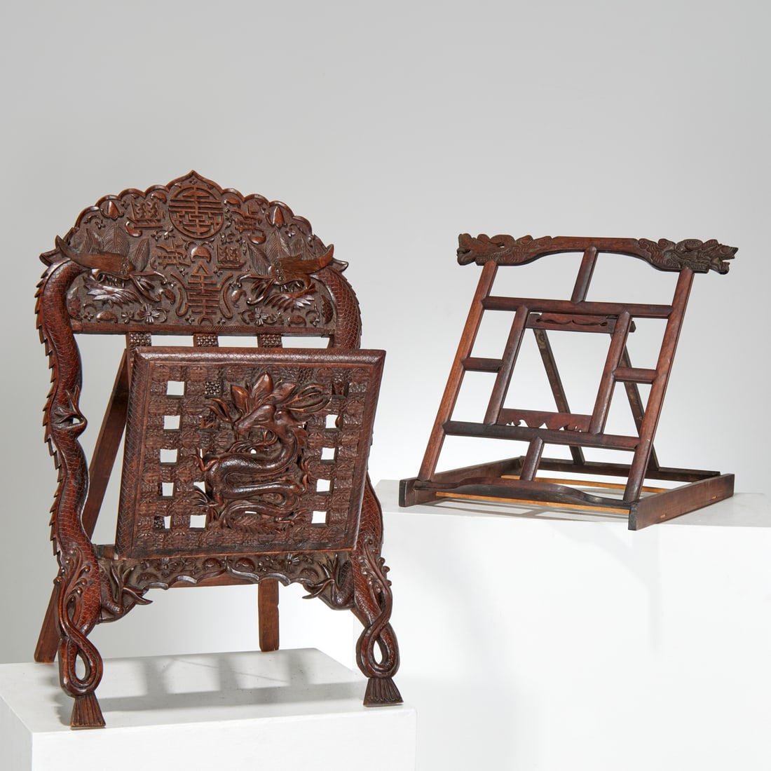 (2) Chinese carved hardwood dragon easel stands (1 of 5)