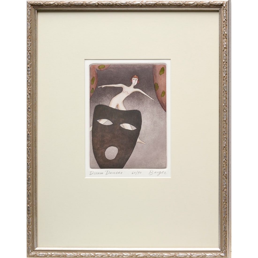 Peter Barger, color etching: Peter Barger, color etching, Peter Barger (American, b. 1947), "Dream Dancer", pencil signed, titled and numbered 60/90 lower margin, matted and framed under glass, 10.75"h x 7.75"w (sight), 23.5"h x