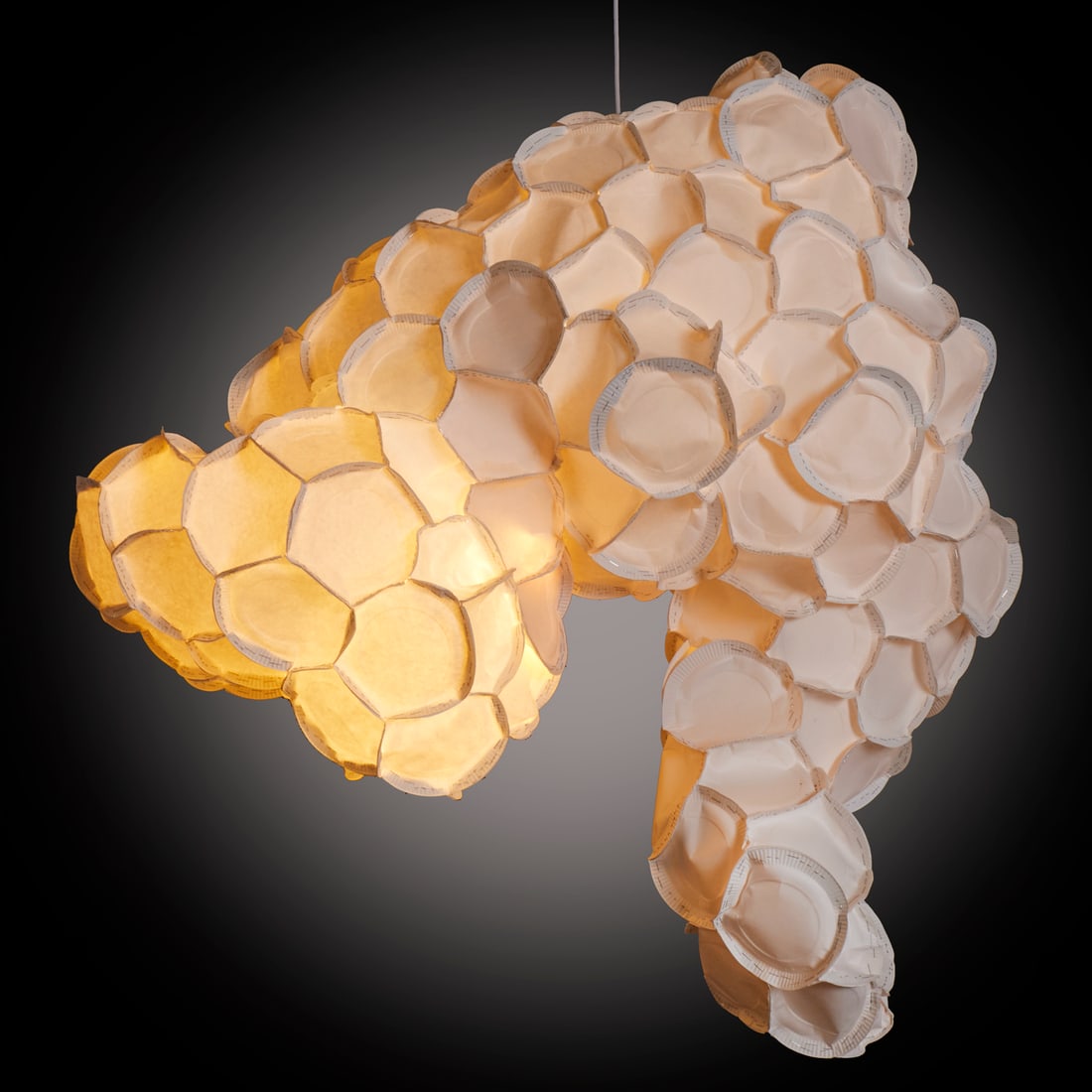 Chris Trujillo (manner), large paper chandelier: Chris Trujillo (manner), large paper chandelier, Manner of Christopher Trujillo (American, 21st c.), custom made, paper, staples, enameled metal canopy, white plastic cord, no visible signature, appro