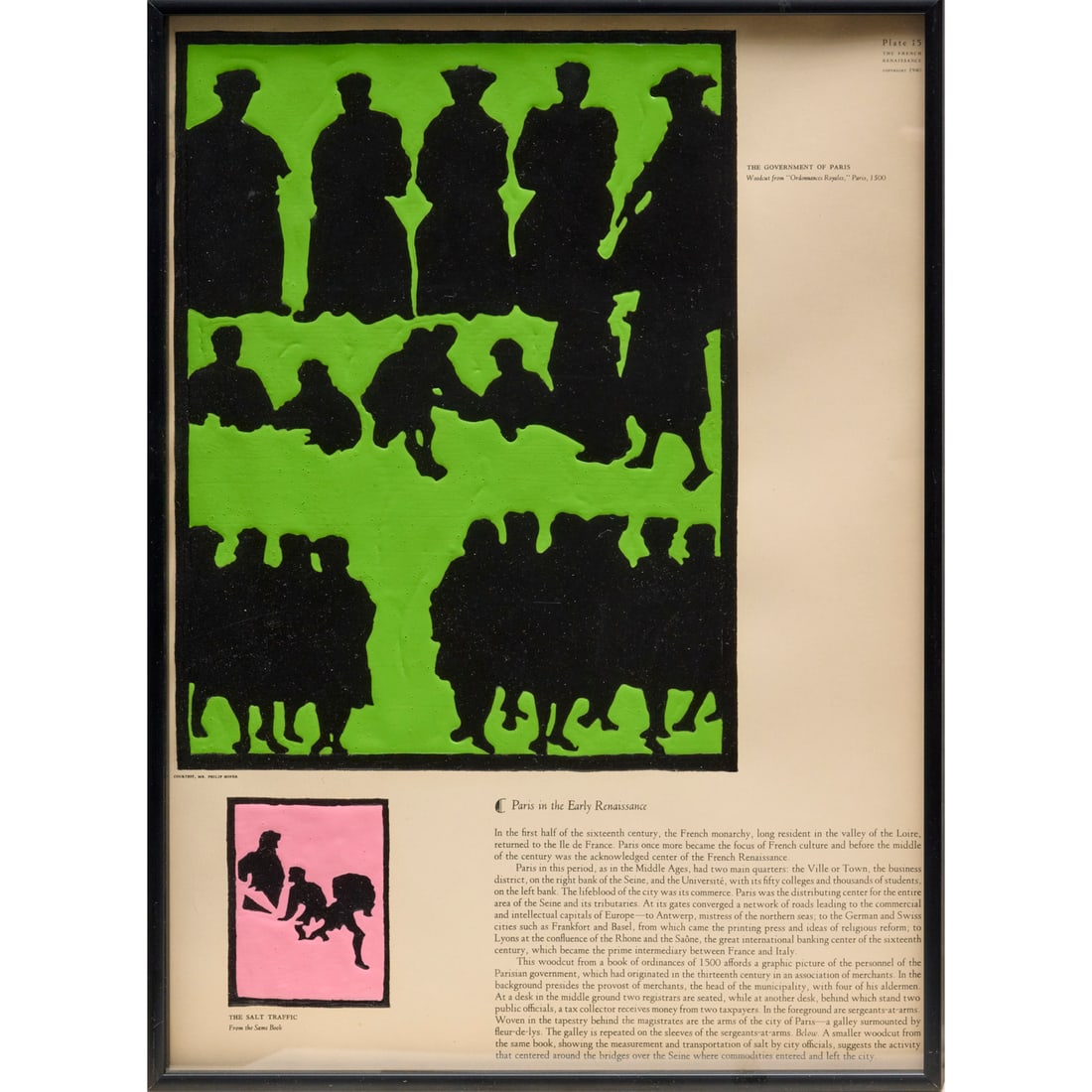 Tyler Turkle, liquid acrylic on printed page, 1986: Tyler Turkle, liquid acrylic on printed page, 1986, Tyler Turkle (American, b. 1947), "The French Renaissance, Plate 15", signed and dated verso, Ringling Museum label verso, framed under glass, 16.5"