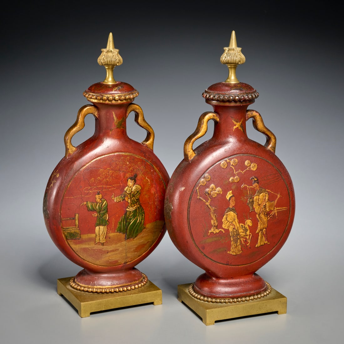 Pair French red japanned moon flasks (1 of 7)