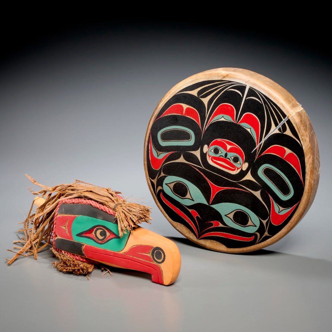 Northwest Coast, drum and rattle, signed (1 of 7)