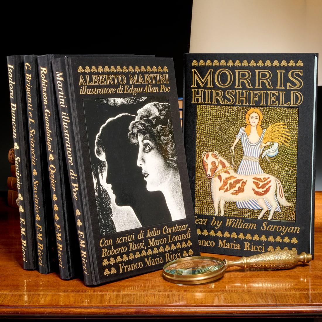 Franco Maria Ricci, (5) vols.: Franco Maria Ricci, (5) vols., Each in original folding case, incl. Isadora Duncan, 1978; Alberto Savinio, 1979; Morris Hirshfield, 1976; Qajar, 1982; and Alberto Martini, Illustratore di Edgar Allan