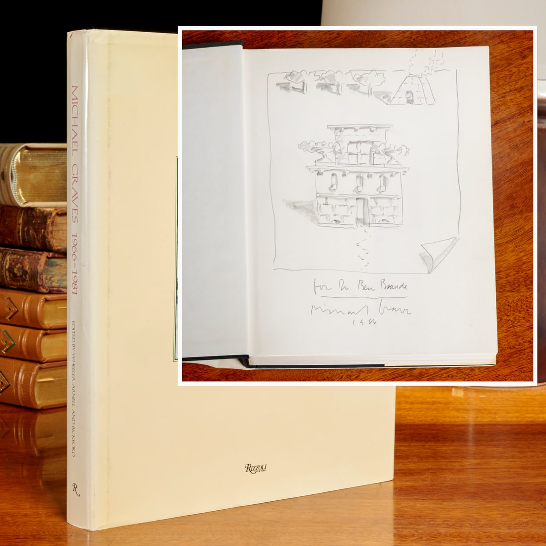Michael Graves, signed book with original drawing: Michael Graves, signed book with original drawing, Michael Graves (American, 1934-2015), Buildings and Projects 1966-1981, Rizzoli, inscribed and signed and dated 1986 by Graves, with graphite drawing