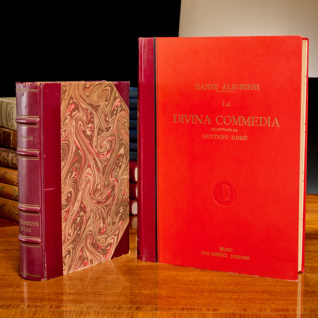 (2) Illustrated Italian books: (2) Illustrated Italian books, Alessandro Manzoni. I Promessi Sposi. Illus. by Lello Scorzelli. Ceschina, Milan, 1961, leather spine and corners, 10.75"h x 8"w; with, Dante Alighieri. La Divina Commed