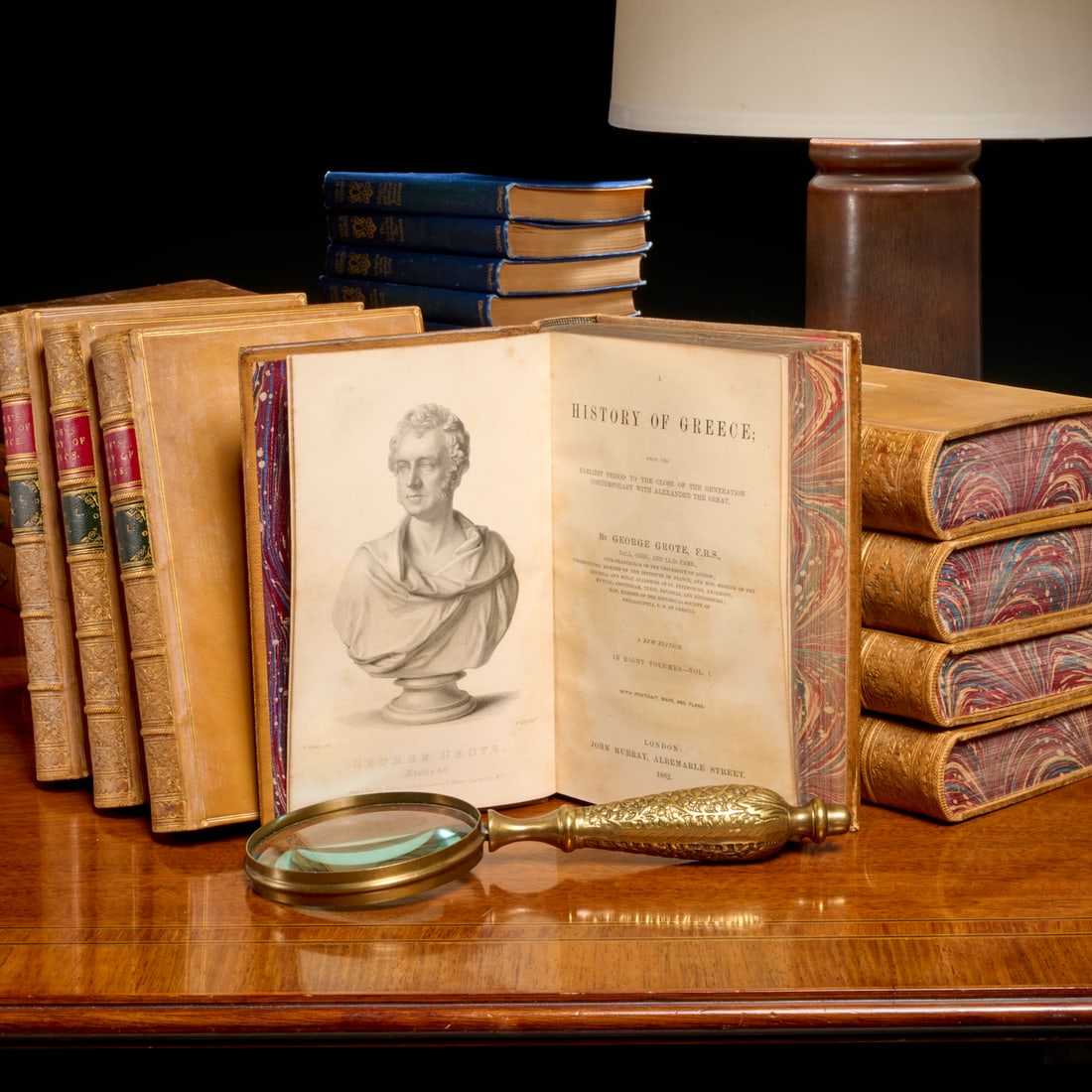 Grote's History of Greece, fine leather binding: Grote's History of Greece, fine leather binding, George Grote. A history of Greece. John Murray, 1862, complete in 8 vols., Jenkins & Cecil full leather binding, marbled endpapers and page edges, cres