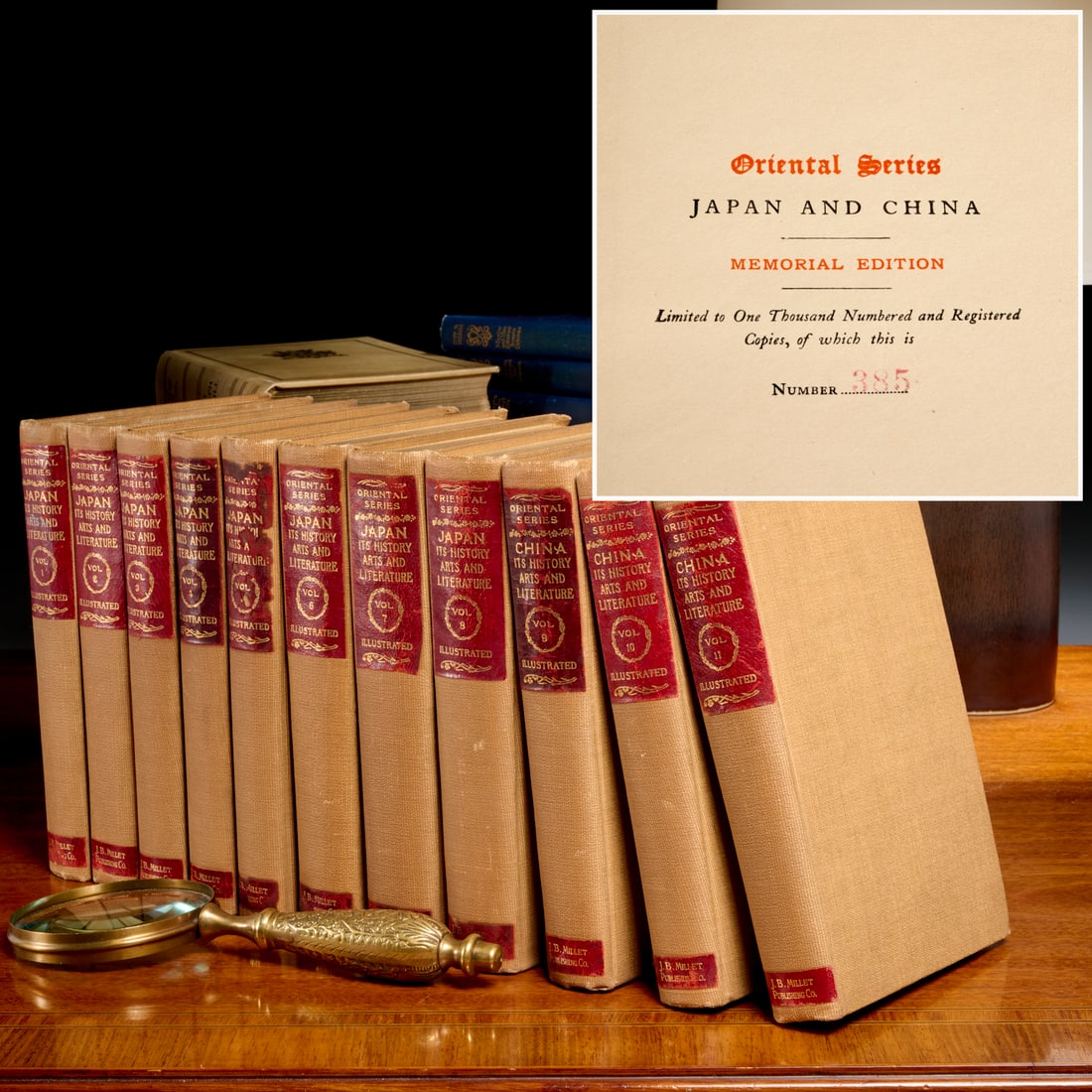 Oriental Series: Japan and China, 1901, (11) vols.: Oriental Series: Japan and China, 1901, (11) vols., Captain F. Brinkley, J. B. Millet, Boston & Tokyo, Memorial Edition, #385 of 1000 copies, illustrated with drawings and photographs, some with color