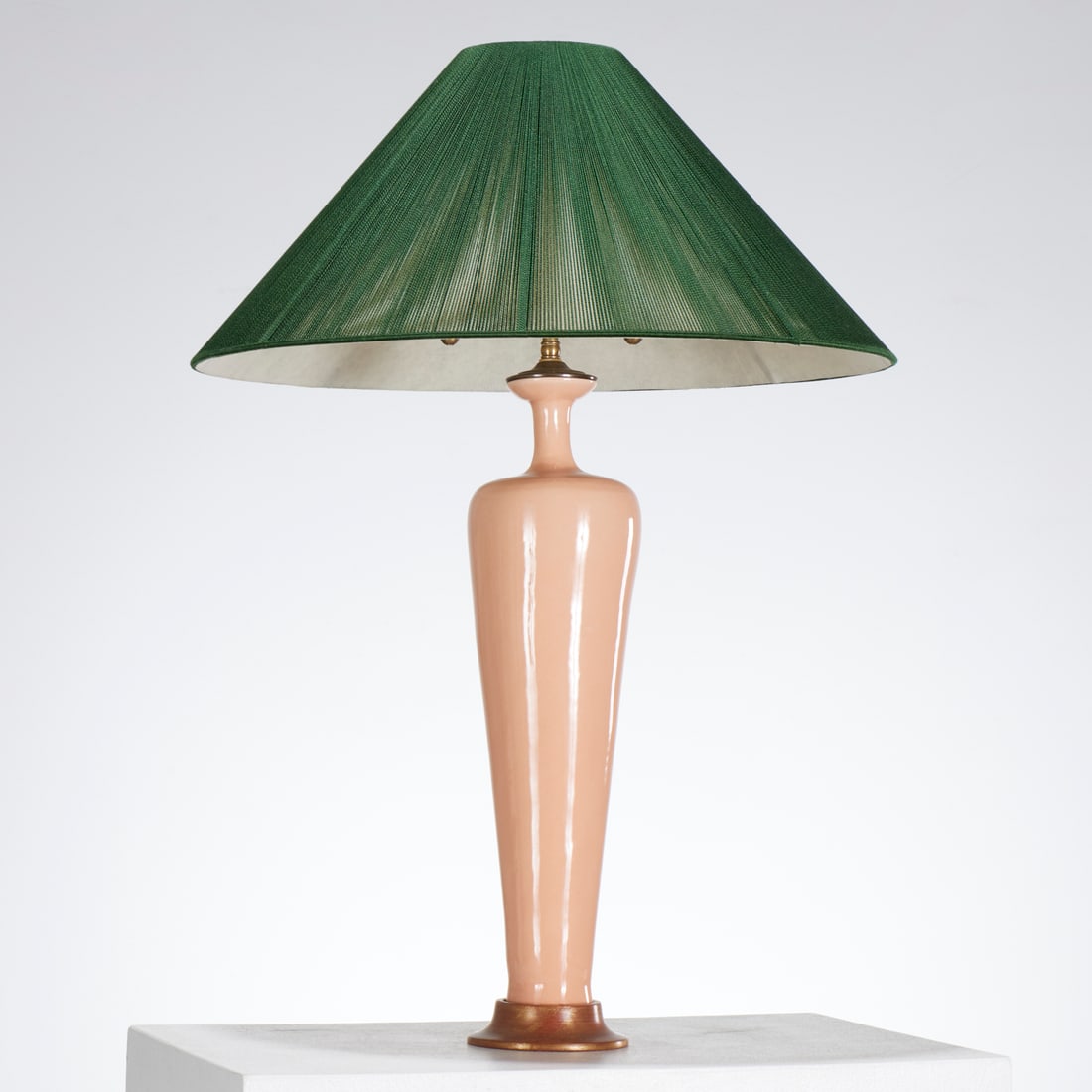 Christopher Spitzmiller, "Anthony" lamp: Christopher Spitzmiller, "Anthony" lamp, 2024, USA, peach glazed body, on giltwood base, signed and dated underside, 31"h x 5"dia (lamp only) Provenance: A Private Collection: Rumson, NJ