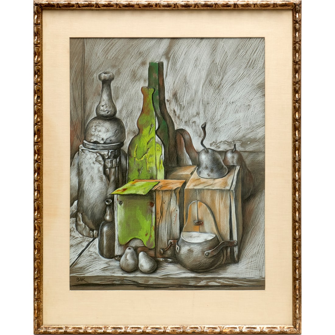 Samuel Bak, pastel on paper: Samuel Bak, pastel on paper, Samuel Bak (Israeli-American, b. 1933), Untitled Still Life, signed "BAK" lower left, matted and framed under glass, 24.75"h x 19.25"w (sight), 32.75"h 26.25"w frame)