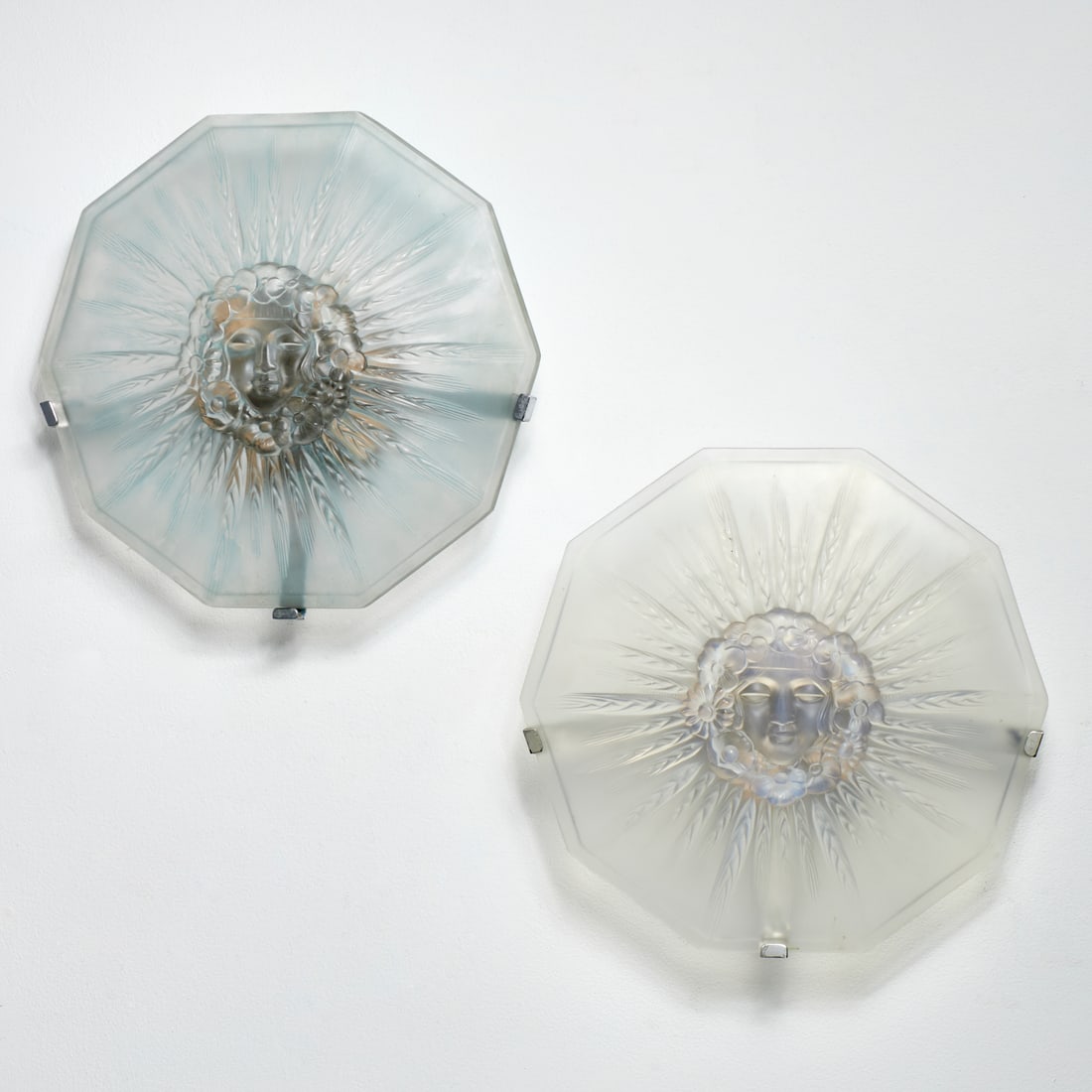 Pair Sabino frosted glass plafonniers: Pair Sabino frosted glass plafonniers, Early 20th c., Paris, central mask with rosette surround and wheat sheaves, one marked "Verart 544 Paris France" to edge, each approx. 14.5"dia Provenance: A