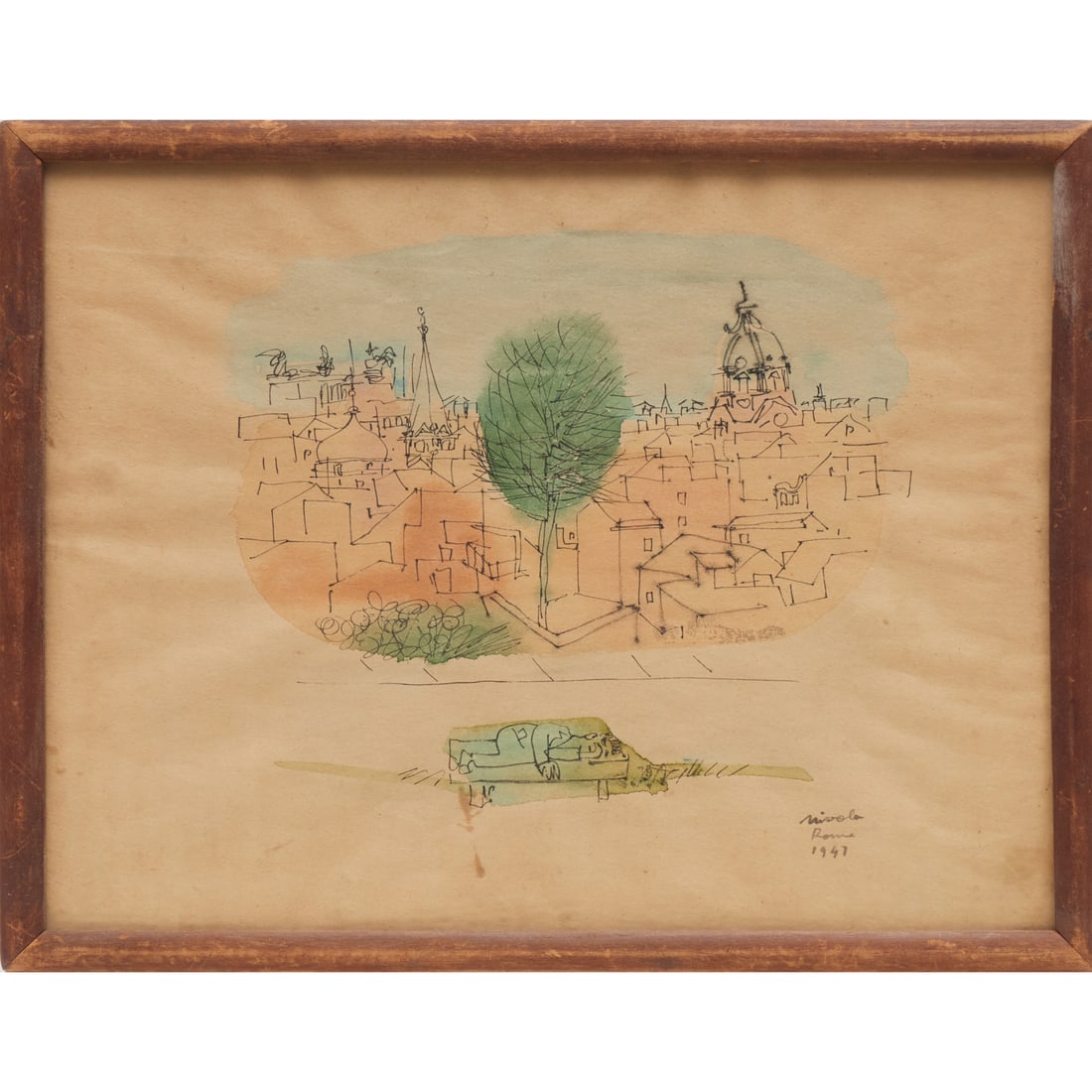 Costantino Nivola, ink and watercolor on paper: Costantino Nivola, ink and watercolor on paper, Costantino Nivola (Italian, 1911-1988), Rome Cityscape, 1947, signed, inscribed, and dated lower right, 8.5"h x 11"w (sight), 9.5"h x 12.5"w (frame)