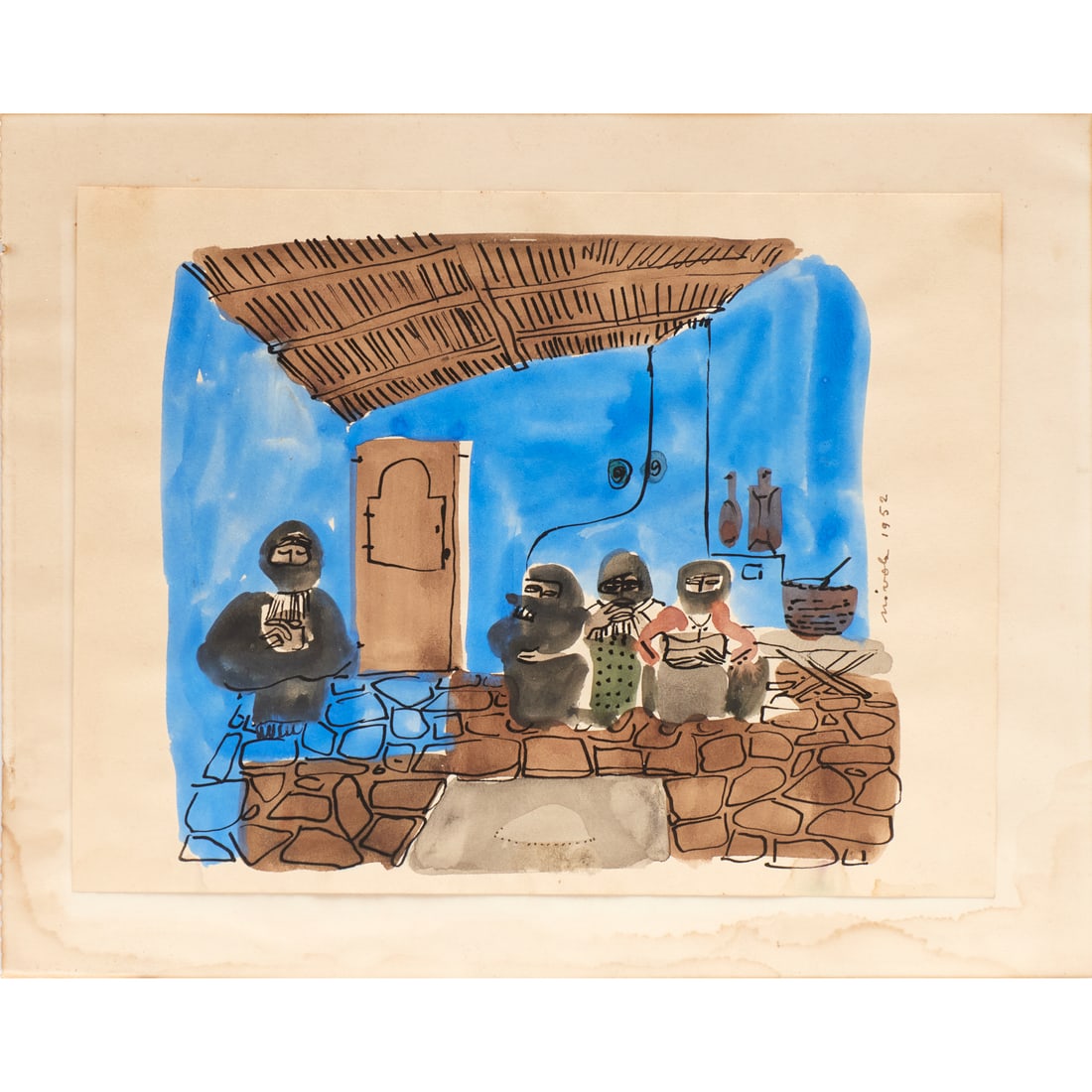 Constantino Nivola, watercolor on paper, 1952: Constantino Nivola, watercolor on paper, 1952, Costantino Nivola (Italian, 1911-1988), Interior Scene, signed and dated right margin, 8.75"h x 11.5"w (sheet), 13.5"h x 11"w (mat) Provenance: A