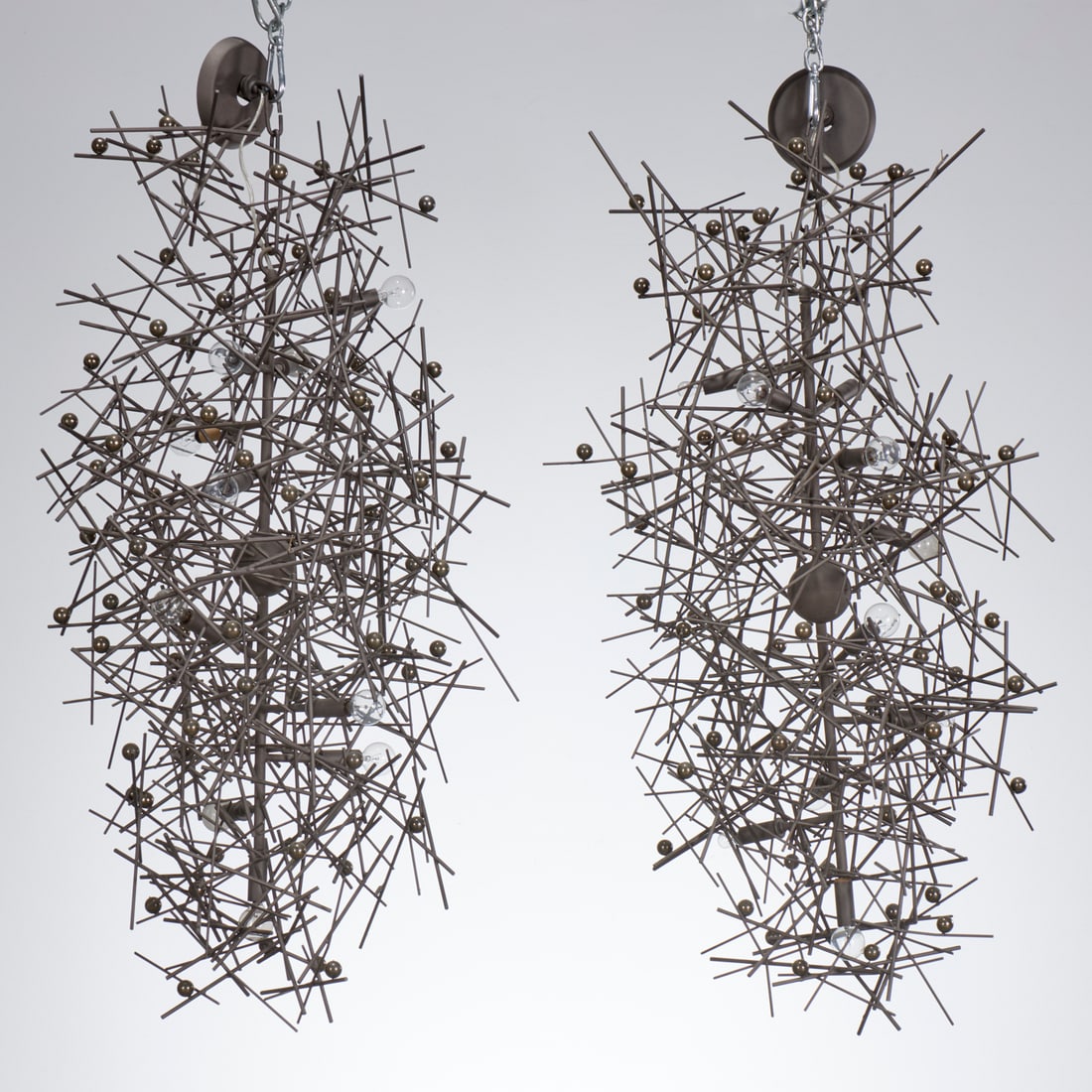 Lou Blass (style), pair Sputnik chandeliers: Lou Blass (style), pair Sputnik chandeliers, 20th c., 10-lights, patinated steel, unmarked, each approx. 44"h x 22"dia