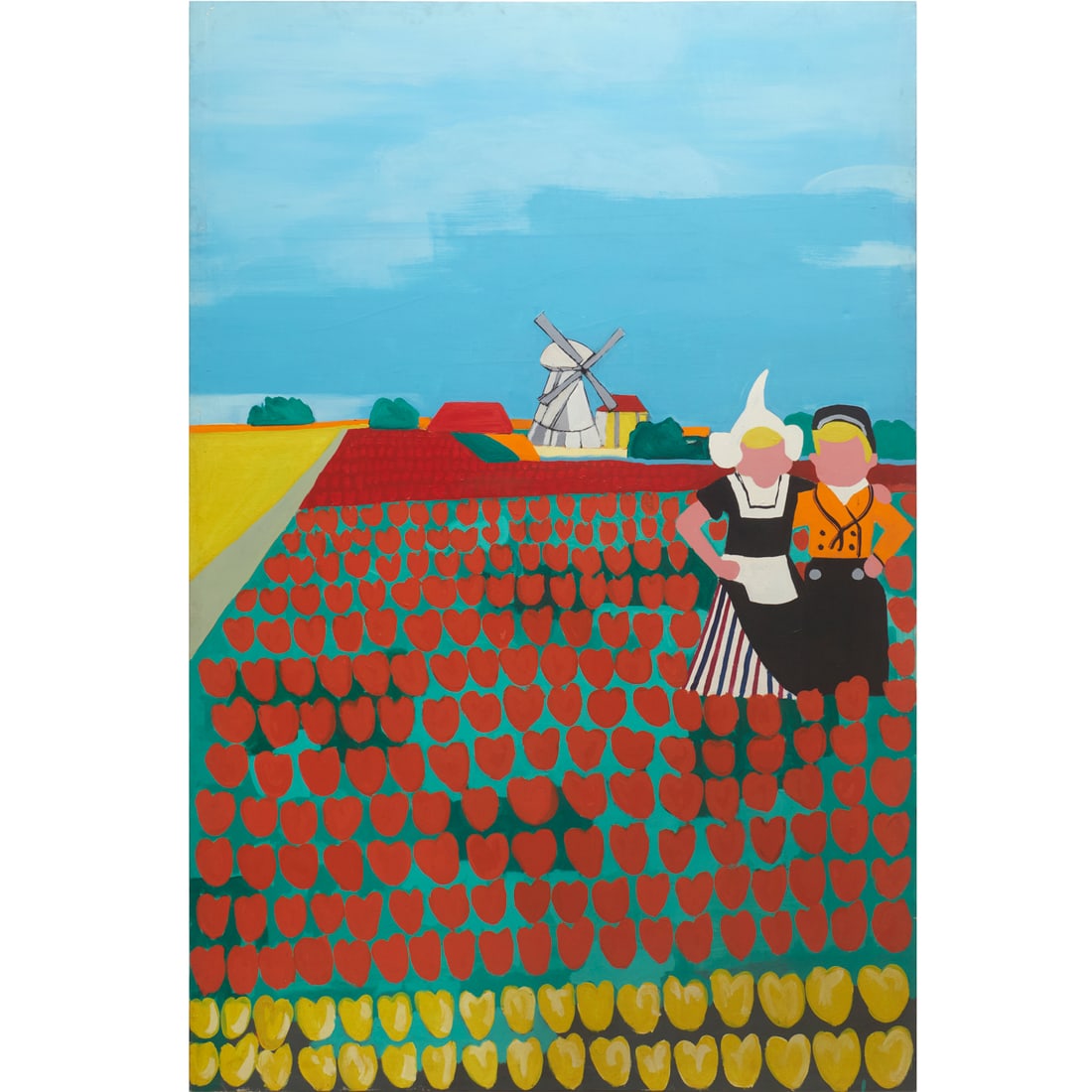 Jan Cremer, large oil on canvas, ex museum: Jan Cremer, large oil on canvas, ex museum, Jan Cremer (Dutch, b. 1940), "Dutch Landscape Nr. 1": (Figures with Tulips and Windmill), 1965, signed and dated verso canvas, museum accession label, 90"h