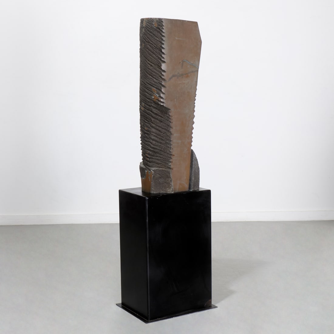 Betty Gilman, bronze sculpture: Betty Gilman, bronze sculpture, Betty Gilman (American, 1924-2017), "Awesome II", bronze sculpture on black painted steel base, unsigned, 66"h x 17"w x 13"d (total), 38"h x 12"w x 9.5"d (bronze only) 