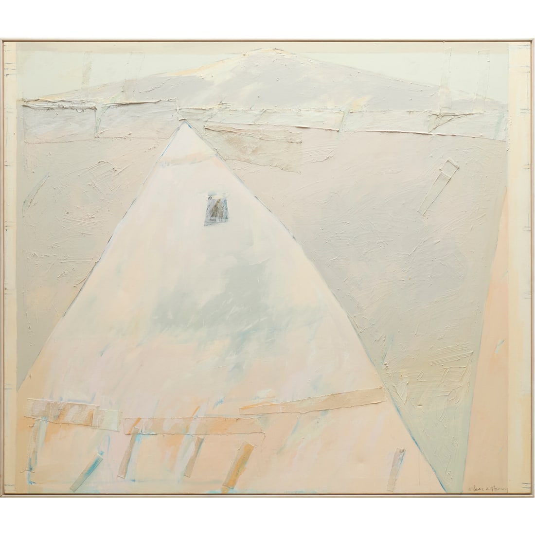 Elaine Anthony, large oil & collage on canvas: Elaine Anthony, large oil & collage on canvas, Elaine Anthony (American, 1943-1996), "Temple Landscape 6", signed lower right, title and inventory number inscribed verso, 72"h x 84"w (sight), 73.25"h 