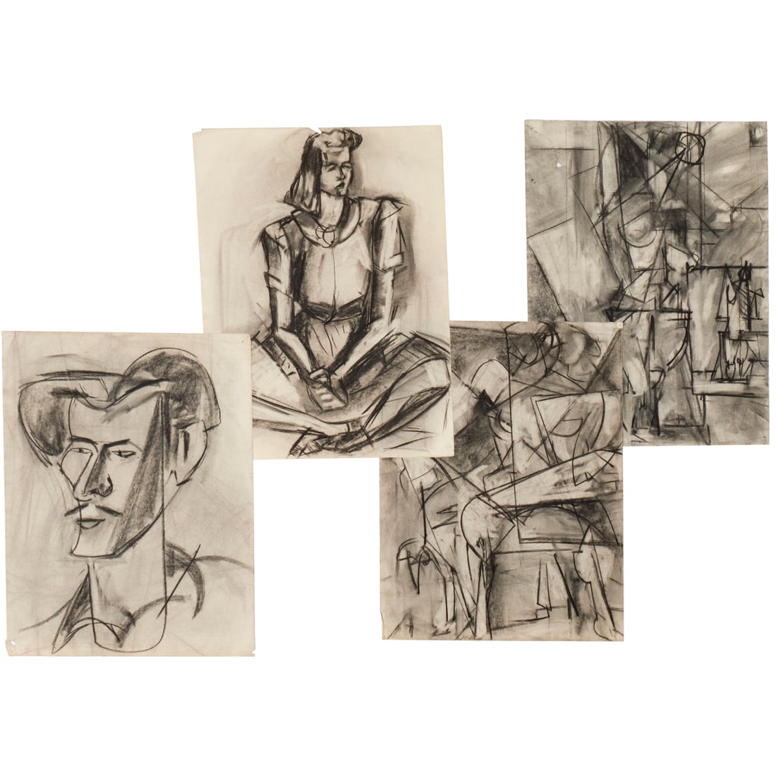 School of Hans Hofmann, (4) charcoal drawings: School of Hans Hofmann, (4) charcoal drawings, Margaret Trumbull Jennings (American, 1896-1983), untitled cubist drawings with corrections by Hans Hofmann (by repute), loose and unframed, 25"h x 19"w 
