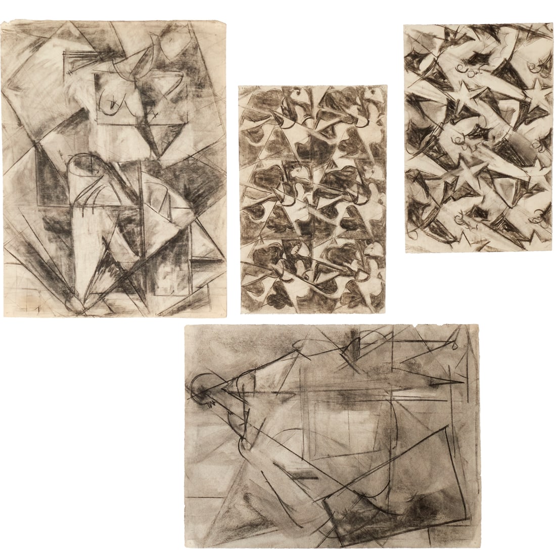 School of Hans Hofmann, (4) charcoal drawings: School of Hans Hofmann, (4) charcoal drawings, Margaret Trumbull Jennings (American, 1896-1983), untitled cubist drawings with corrections by Hans Hofmann (by repute), loose and unframed, two at 25"h 