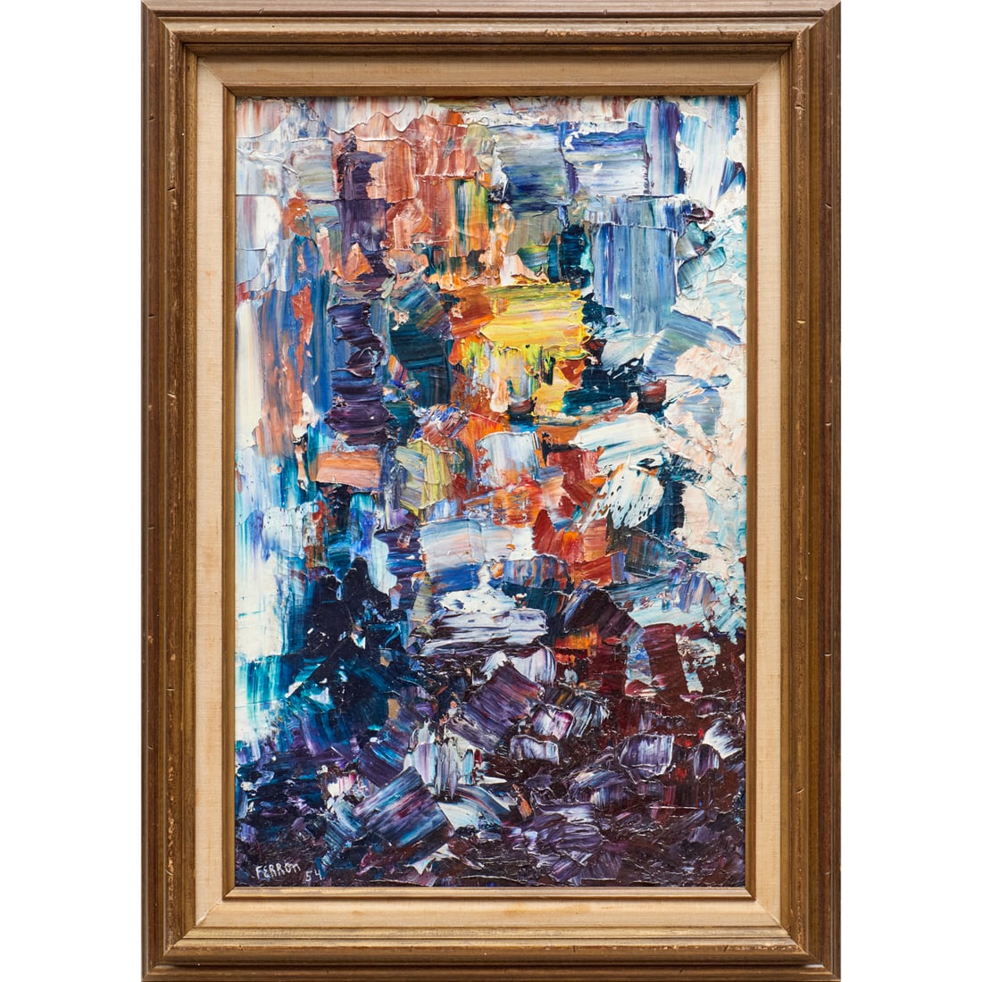Marcelle Ferron (attrib), oil on canvas, 1954: Marcelle Ferron (attrib), oil on canvas, 1954, Attributed to Marcelle Ferron (Canadian, 1924-2001), Abstract, signed and dated lower left, labeled E/38 verso of stretcher, 22.5"h x 14.5"w (sight), 28.