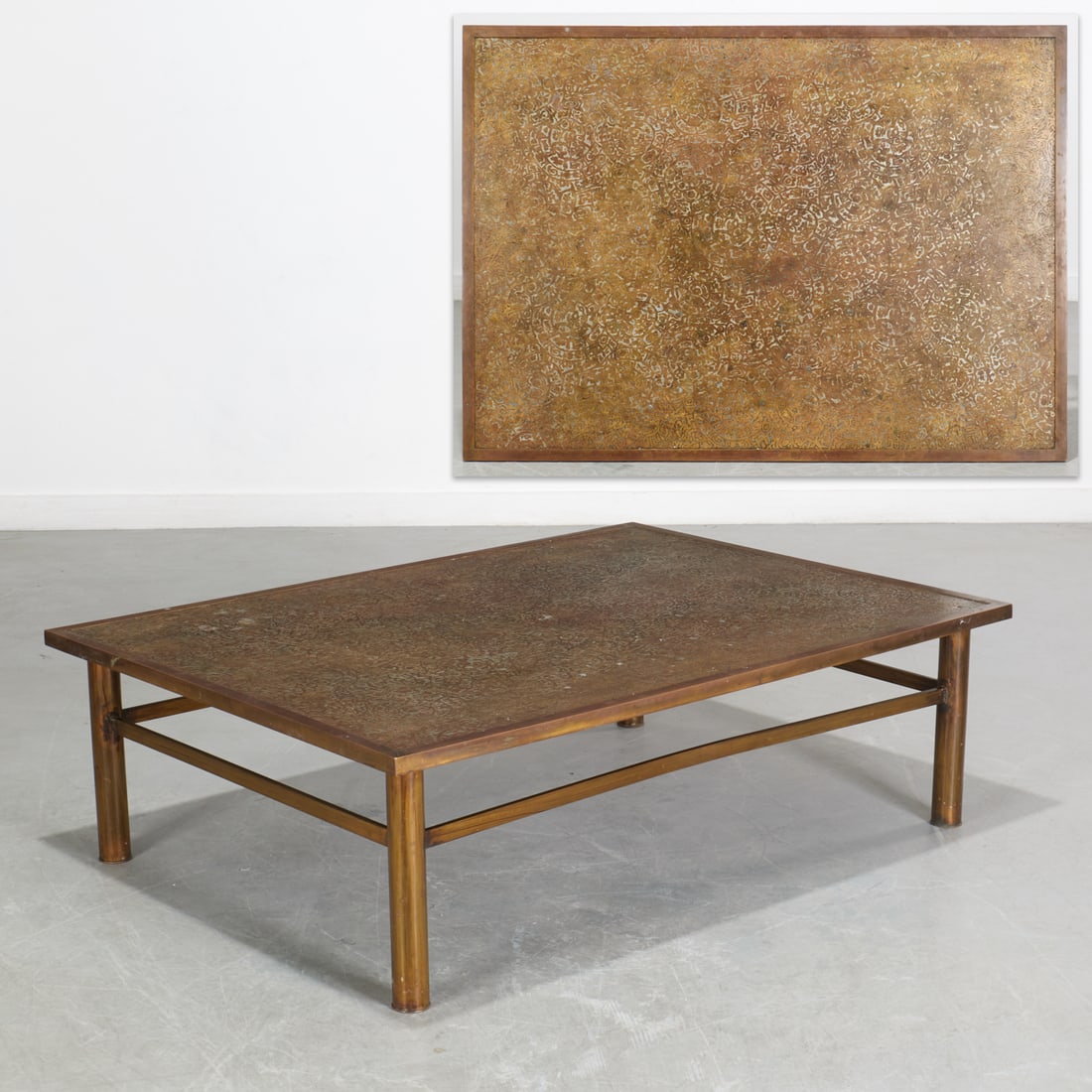 Philip & Kelvin LaVerne, "Etruscan" coffee table: Philip & Kelvin LaVerne, "Etruscan" coffee table, c. 1965, USA, Philip & Kelvin LaVerne (American, 1907-1987 and b. 1937), rectangular acid etched and tinted bronze and pewter top on cylindrical legs 