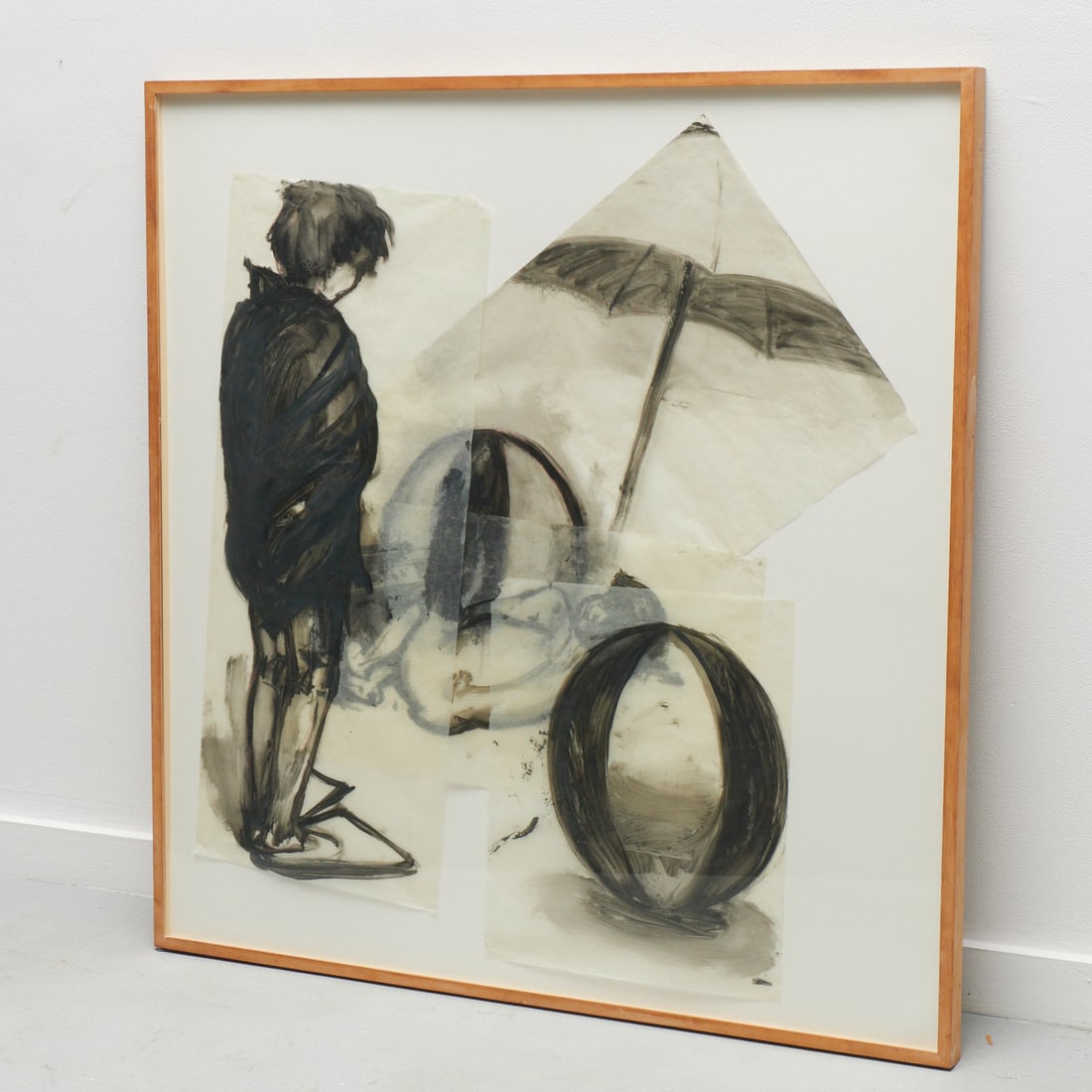 Eric Fischl, oil wash on overlaid glassine, 1982: Eric Fischl, oil wash on overlaid glassine, 1982, Eric Fischl (American, b. 1948), "Study for Etching Beach Ball", unsigned, gallery label verso, approx. 43"h x 40" (total sheets), 46.5"h x 45"w (fram