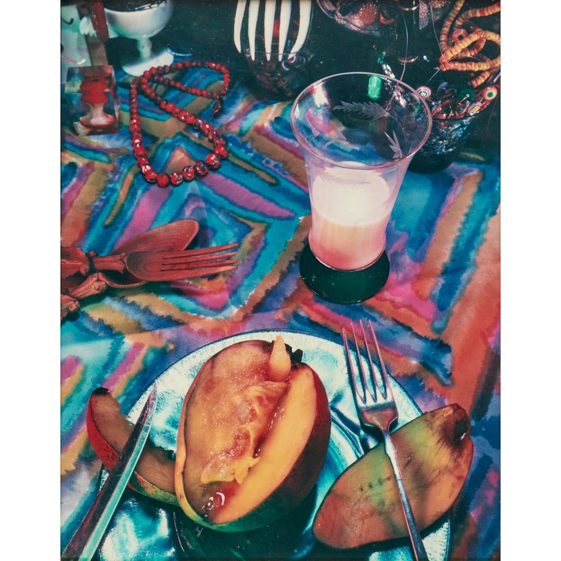 Lucas Samaras, polaroid photograph, ex Christie's: Lucas Samaras, polaroid photograph, ex Christie's, Lucas Samaras (Greek-American, 1936-2024), Still Life with Mango, unsigned, dated 7/24/79 verso, Christie's lot sticker verso of mat, incl. scan of o