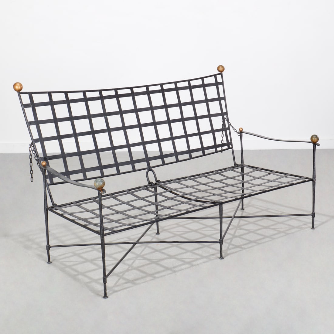 Mario Papperzini, "Amalfi" settee: Mario Papperzini, "Amalfi" settee, 1960s, USA/Italy, manufactured by Salterini, patinated iron, back adjustable with chains, unmarked, incl. loose tweed upholstery cushions, approx. 38"h x 61"w x 25"d