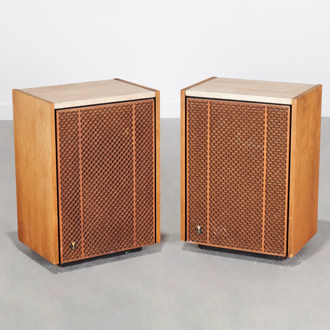 Pair JBL C56 Dorian speakers: Pair JBL C56 Dorian speakers, c. 1960s, Los Angeles, John B. Lansing Sound Inc., walnut frame with travertine top, mark to lower left front and labels verso, each 23"h x 17.5"w x 12.5"d Provenance: A 