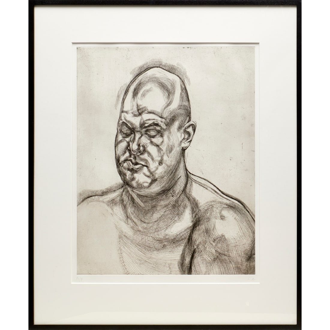 Lucian Freud, large etching on paper, 1993: Lucian Freud, large etching on paper, 1993, Lucian Freud (British, 1922-2011), "Large Head", initialed lower right, marked Artist Proof lower left, published by Matthew Marks Gallery, 27.5"h x 21.5"w 
