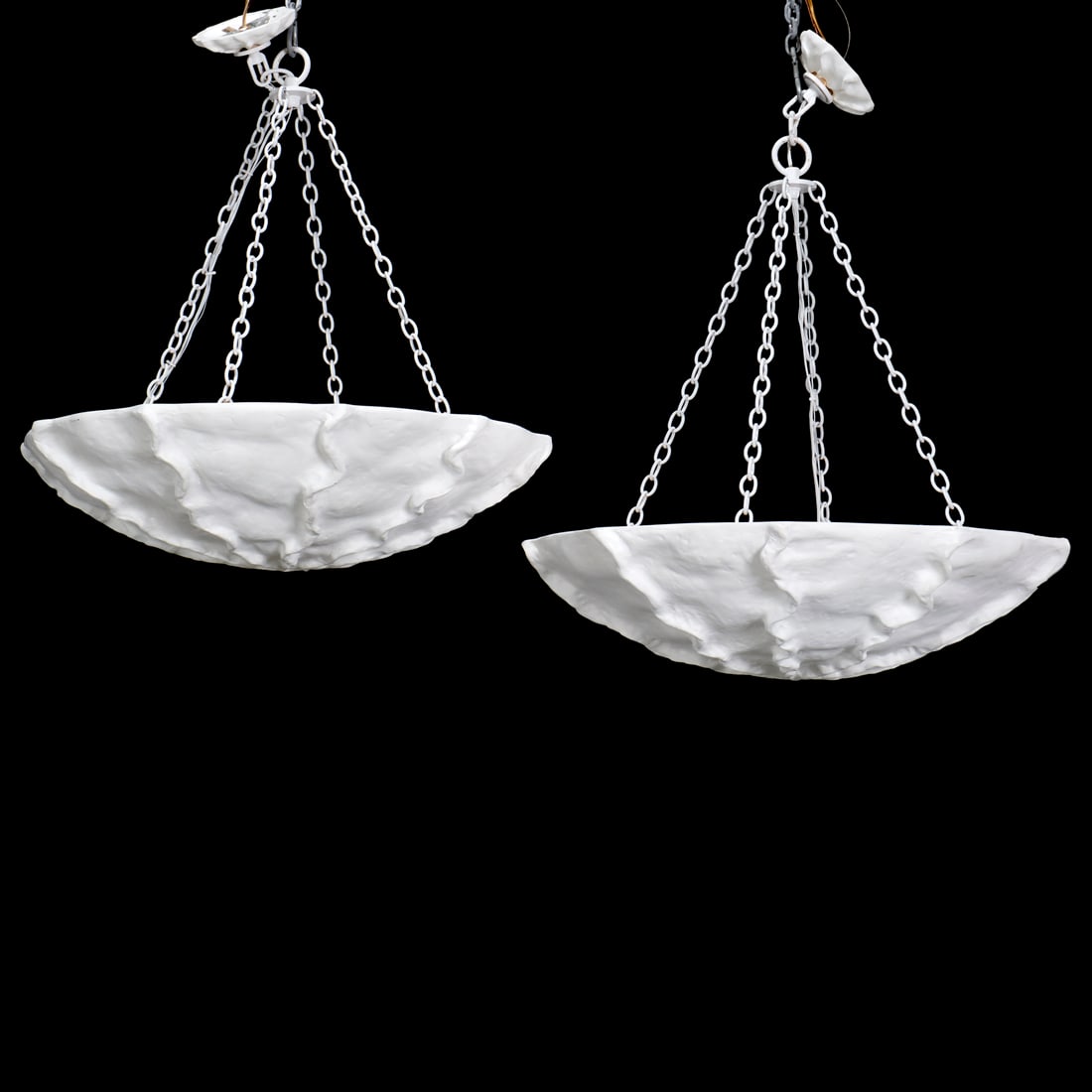 Aerin, pair "Benit" sculpted ceiling pendants: Aerin, pair "Benit" sculpted ceiling pendants, 21st c., of stylized shell form, link chain suspension, unmarked, each approx. 30.5"h x 28.5"dia Provenance: A Private Collection: 150 East 72nd Street,