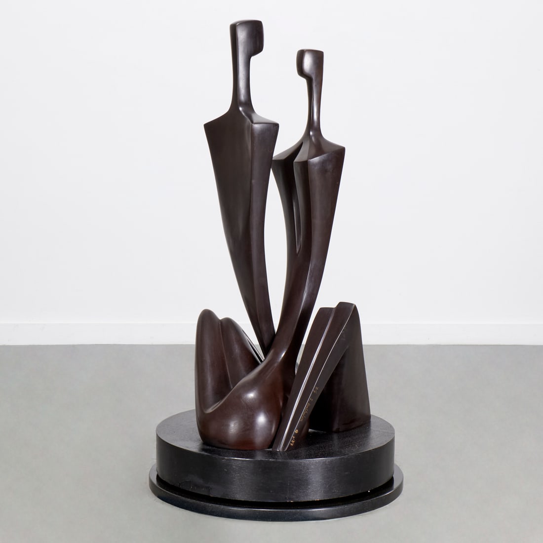 Itzik Benshalom, large bronze sculpture, c. 1980: Itzik Benshalom, large bronze sculpture, c. 1980, Itzik Benshalom (Israeli, b. 1945), Seated Couple, bronze with dark brown/black patina. signed and inscribed lower leg, numbered 7/9, on wooden and ma