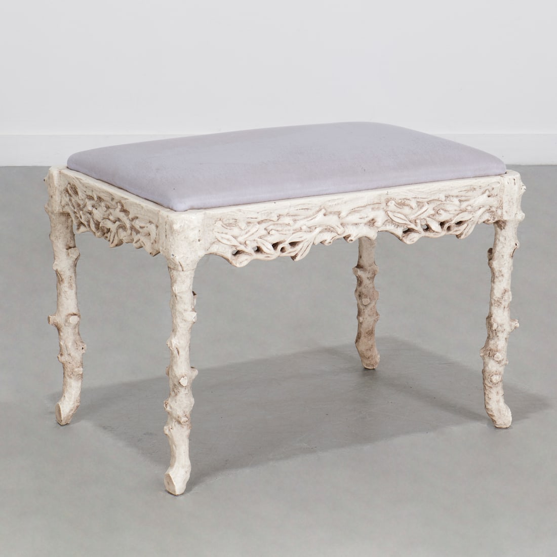 Emilio Terry (manner), lacquered faux bois stool: Emilio Terry (manner), lacquered faux bois stool, c. 1970s, leafy twig and branch frame, with inset lilac upholstered seat, unmarked, 19"h x 26"w x 18"d Provenance: A Private Collection: Beachside