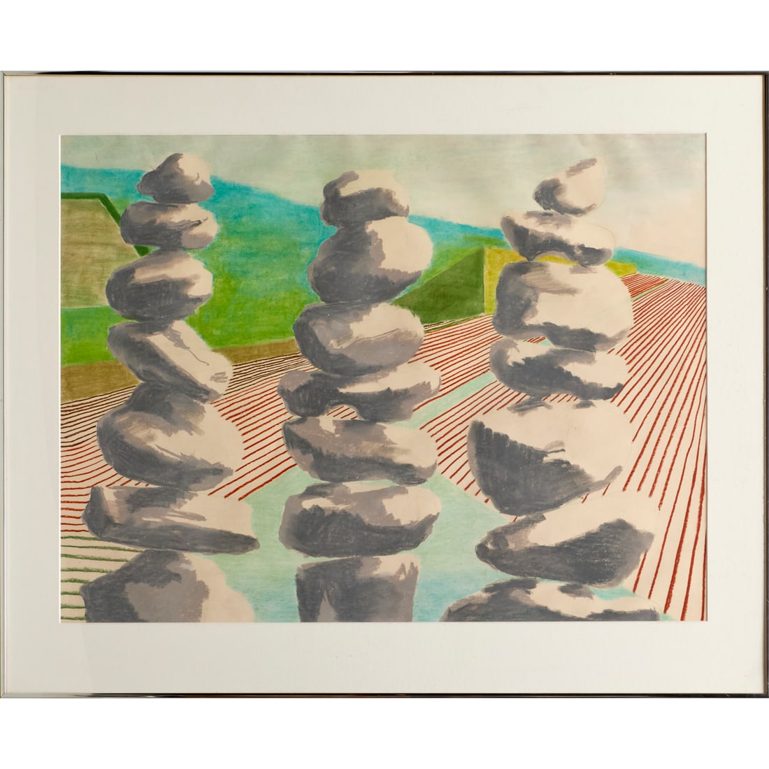 Brinsley Tyrrell, large pastel on paper, 1976: Brinsley Tyrrell, large pastel on paper, 1976, Brinsley Tyrrell (American, b. 1941), Stone Cairns in Landscape, signed and dated lower right, matted and framed under plexiglass, 31.25"h x 41.25"w