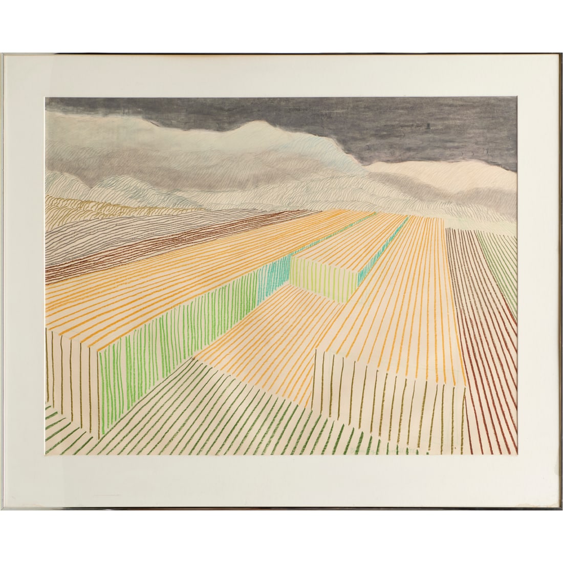 Brinsley Tyrrell, large pastel on paper, 1976: Brinsley Tyrrell, large pastel on paper, 1976, Brinsley Tyrrell (American, b. 1941), Untitled Landscape, signed and dated lower right, matted and framed under plexiglass, 31.25"h x 41.25"w (sight),