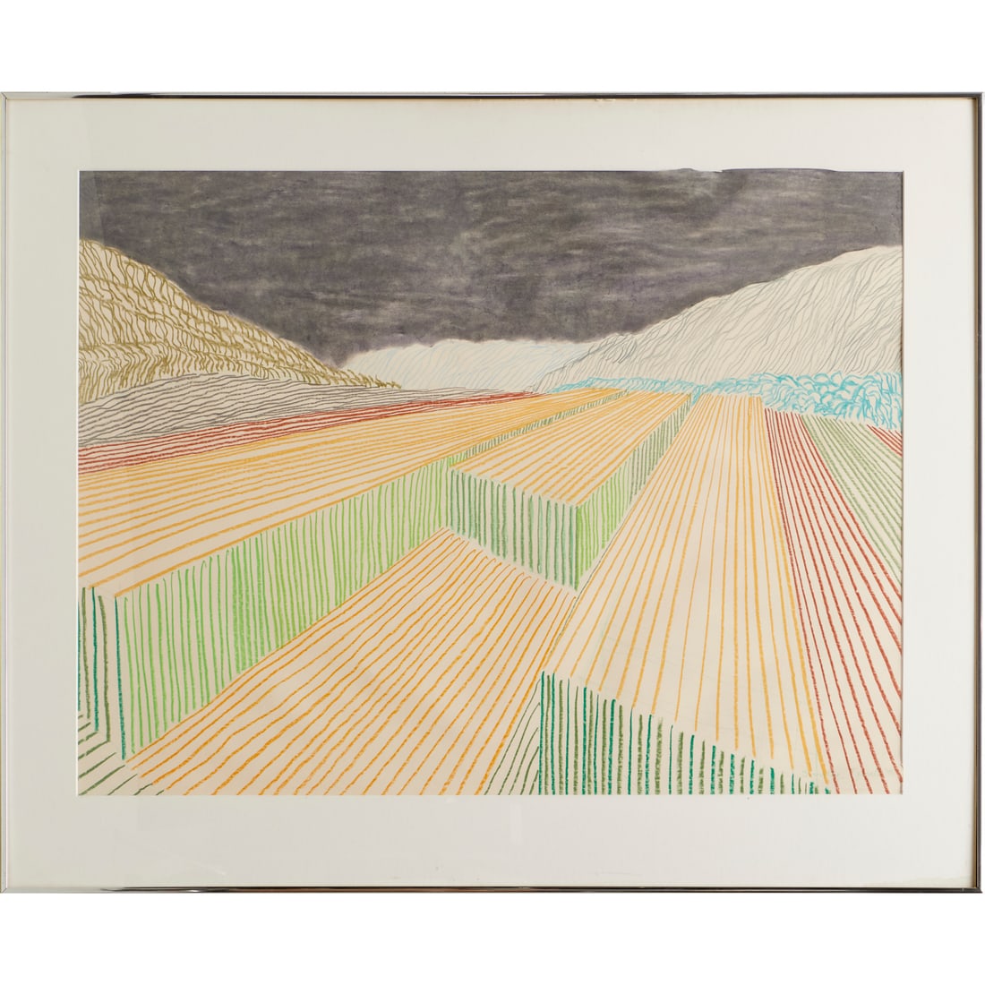 Brinsley Tyrrell, large pastel on paper, 1976: Brinsley Tyrrell, large pastel on paper, 1976, Brinsley Tyrrell (American, b. 1941), Untitled Landscape, signed and dated lower right, matted and framed under plexiglass, 31.5"h x 41"w (sight),