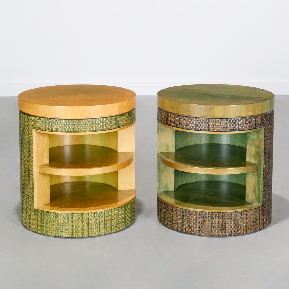 Pair Custom Designer rattan cylinder side tables (1 of 7)