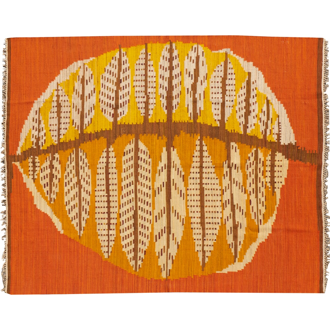 Swedish Mid-Century flat weave rug: Swedish Mid-Century flat weave rug, Mid 20th c., orange ground with organic and foliate pattern, unmarked, 7'6"l x 6'1.5"w Provenance: A Private Collection: Tenafly, NJ