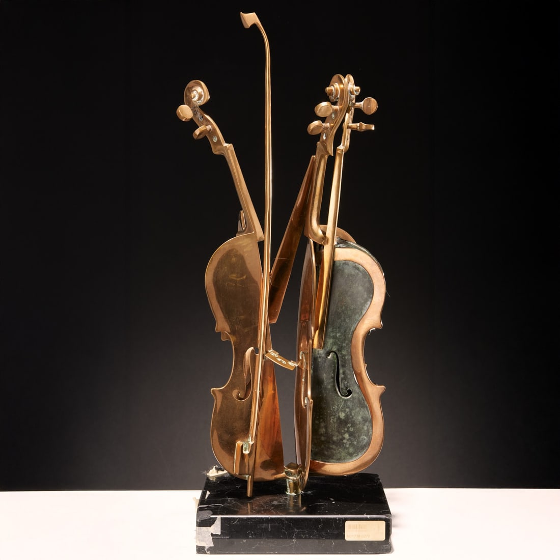 Arman, bronze violin sculpture: Arman, bronze violin sculpture, Arman (Armand Fernandez) (French-American, 1928-2005), "Violin", signed lower side, numbered PA 10/20 lower side, gilt bronze on square marble base, incl. Christie's in