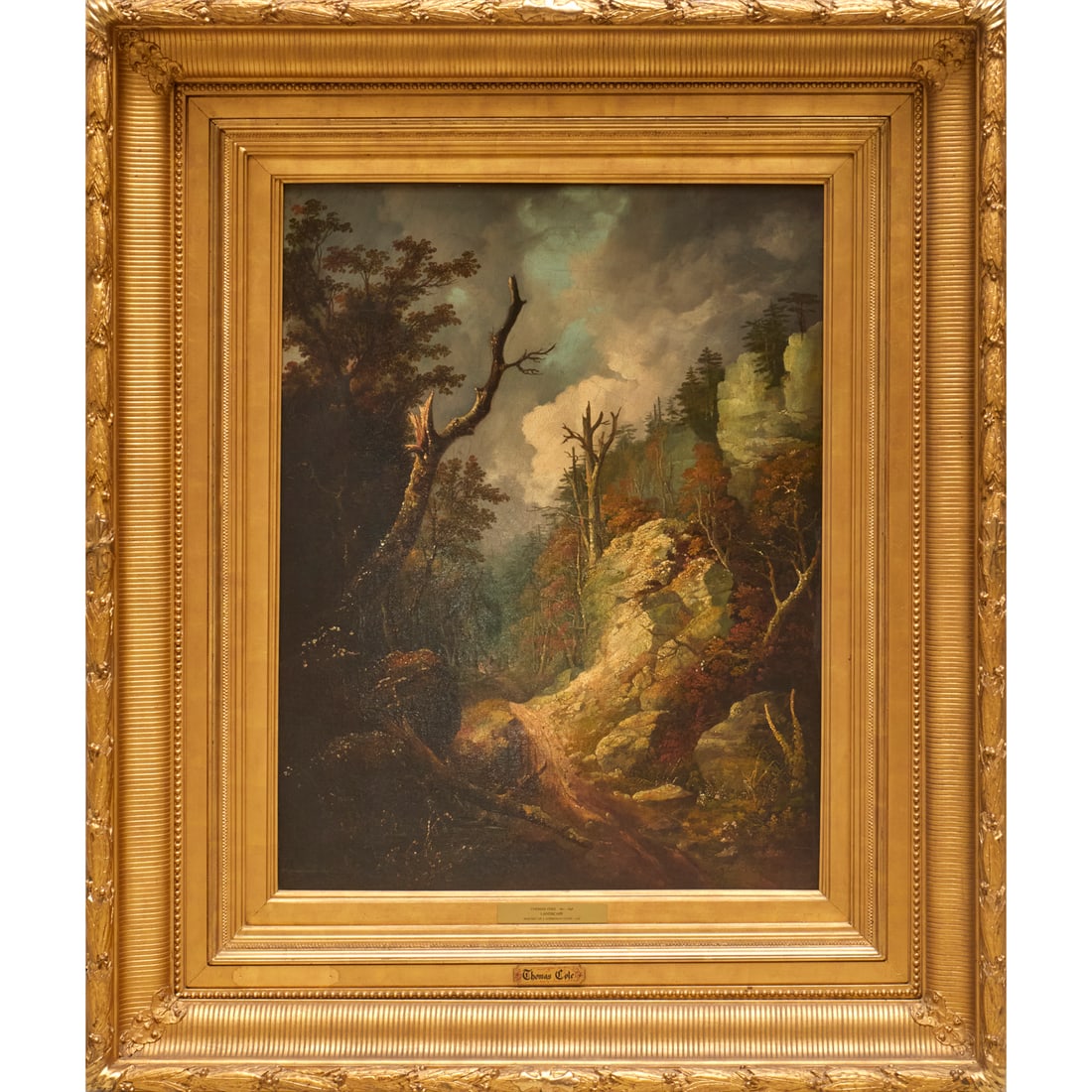 Thomas Cole, oil on canvas, ex museum: Thomas Cole, oil on canvas, ex museum, Thomas Cole (American, 1801-1848), Landscape, initialed "T.C." lower right, attribution plaque to frame, 30"h x 23"w (sight), 46"h x 39"w (frame) Provenance: Dea
